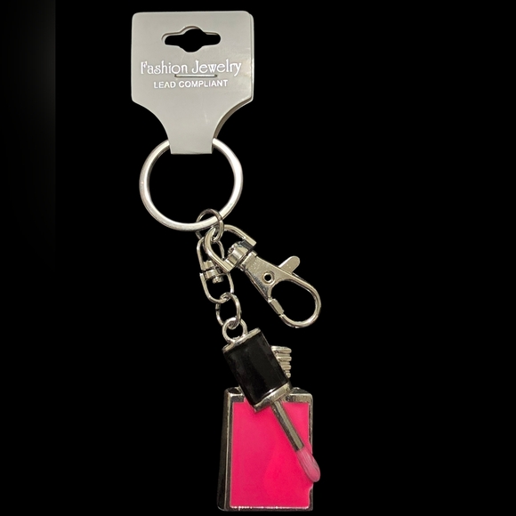 NWT Nail Polish Bottle Keychain Bag Charm Pink and Black Enamel Charm 4" - Picture 2 of 5